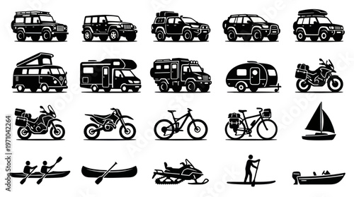 Outdoor Adventure Travel Vehicles  Gear Glyph Icons Set - Camping, Recreation  Transport Silhouettes