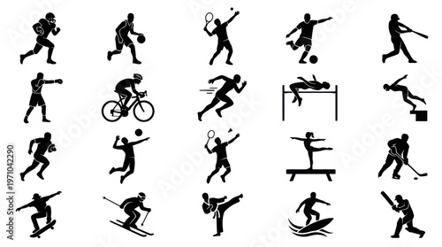 Sports Athlete Silhouettes Glyph Icons Set - Vector Black and White Collection