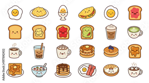Cute Kawaii Cartoon Breakfast Food Icons Set - Flat Vector Illustrations
