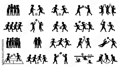 Children Play Sports Glyph Icon Set - Childhood Activities  Games Black  White Silhouettes