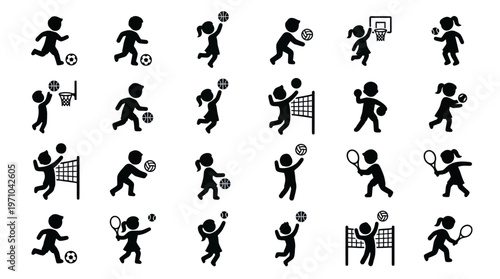 Kids Sports Glyph Icons Set - Children Playing Soccer, Basketball, Volleyball, and Tennis