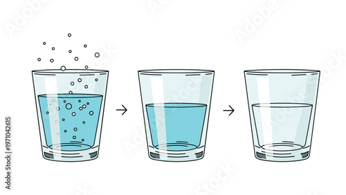 Three-step illustration showing a glass of clear sparkling water where bubbles gradually rise and settle over time.