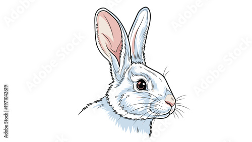 Detailed and charming illustration of a white rabbit head with long ears and expressive eyes isolated on a clean white background.