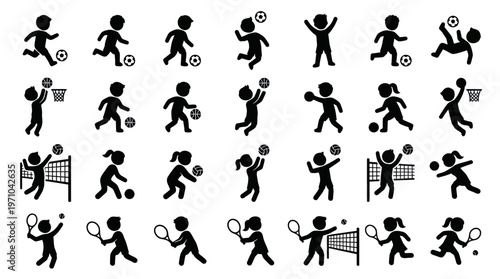 Sports Kids Glyph Icons Set: Children Playing Soccer, Basketball, Volleyball, Tennis Silhouettes