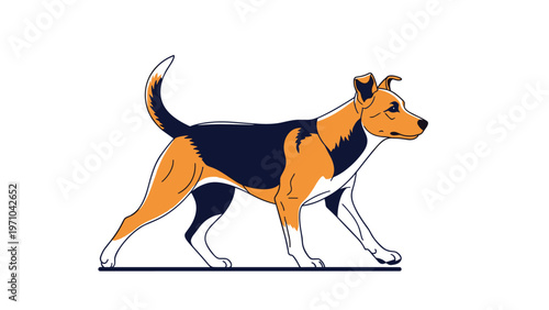 Energetic brown, black, and white dog walking with its tail up on a simple black line against a white background.