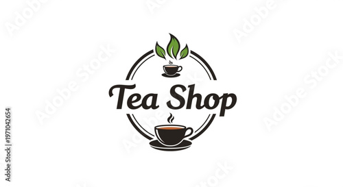 Tea shop logo, coffee cup icon, leaf design, vector branding