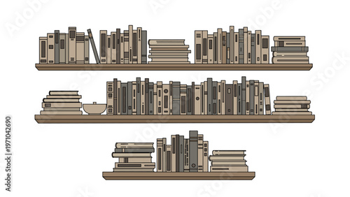 Three wooden bookshelves densely packed with various books in different orientations and sizes against a white background.