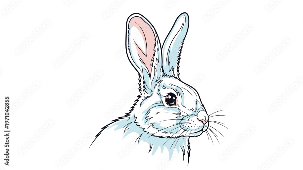 Fototapeta premium Detailed illustration of a white rabbit head with long ears and black eyes looking to the side on a white background.