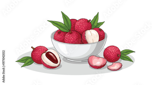 Fresh ripe lychee fruits in a white ceramic bowl with some pieces peeled to show the white flesh and dark seed inside.