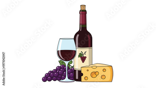 Still life illustration of a red wine bottle, a filled glass, a bunch of grapes, and a wedge of cheese with holes.