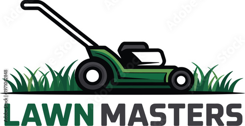A logo for a lawn care company featuring a green lawnmower