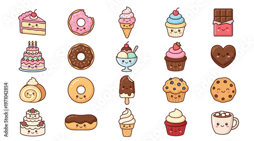 Kawaii Cartoon Desserts and Sweets Food Collection Vector Illustration