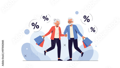 Happy senior couple carrying shopping bags and walking together surrounded by floating percentage symbols for a sale concept.