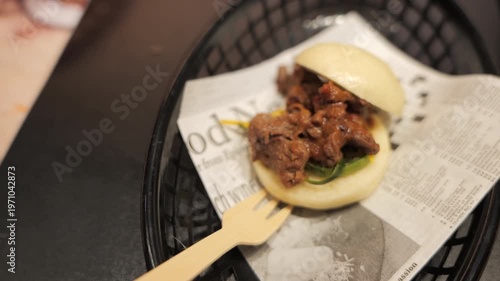 Close-up on a meat bao bun