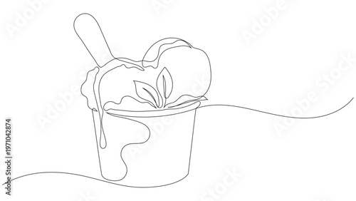 Continuous line drawing of a gelato cup with mint leaves and a wooden spoon. Minimalist summer dessert illustration, Editable stroke.