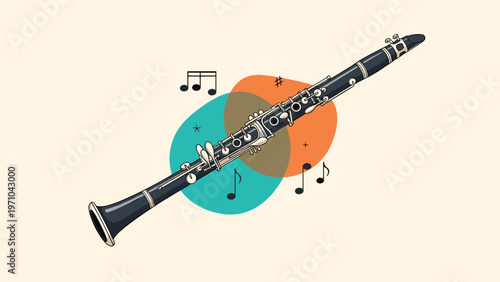Musical instrument clarinet with floating musical notes and abstract colored shapes in the background in vector style.