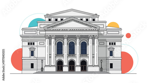 Symmetrical front view of a majestic classical building with tall columns and grand entrances in an architectural vector style.