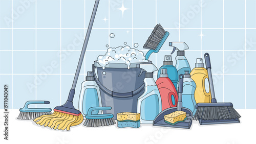 Large pile of various cleaning supplies including detergents, brushes, sponges, a mop, a broom, and a bucket of soapy water.