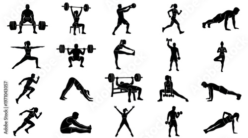 Fitness and Sport Exercises Silhouettes Vector Set. Black  White Workout Glyph Icons.