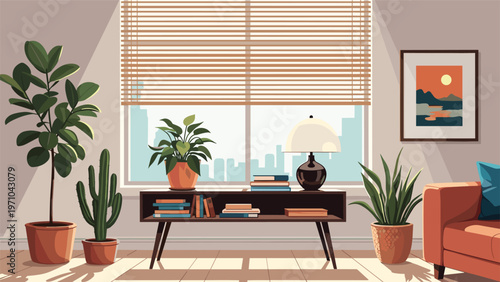 Modern living room interior features lush green house plants on a stylish wooden console table by a large window with blinds at sunset.