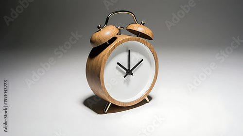 A round wooden alarm clock sits on a white surface with its hands pointing to just after ten o'clock isolated on white
