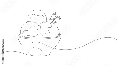 Continuous Single line art ice cream bowl with multiple scoops and wafer sticks, minimalist summer dessert illustration, Editable stroke.