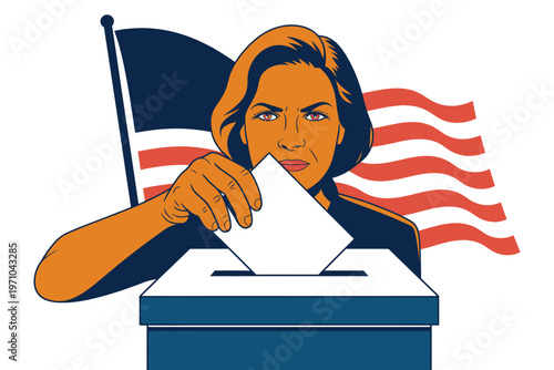 A determined woman casts her ballot into a voting box, symbolizing the importance of citizen participation in democratic elections.