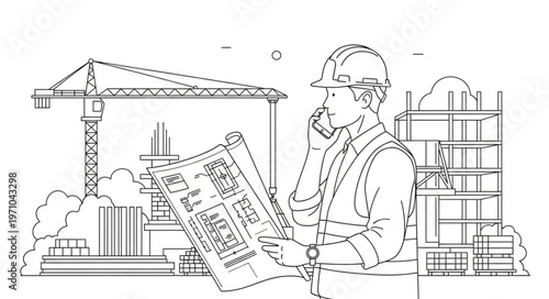 Construction worker reviewing blueprints at a building site with a crane.