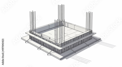 3D Isometric Illustration of a Concrete Building Foundation with Reinforcing Steel Rebar Rods and Formwork