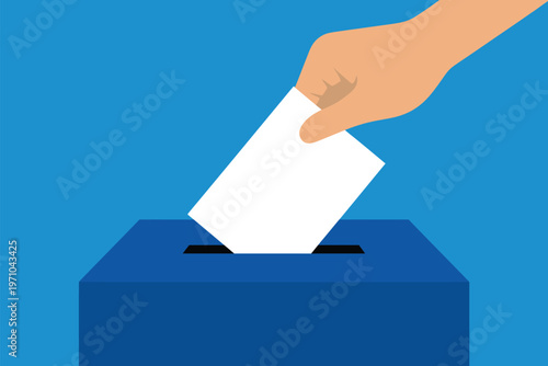 A hand places a ballot into a blue voting box during an election, symbolizing the act of civic participation and democratic choice.