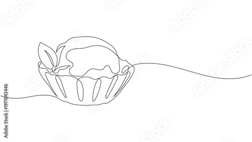 Continuous line drawing of an ice cream scoop in a scalloped bowl with mint leaves, Minimalist summer dessert illustration, Editable stroke.