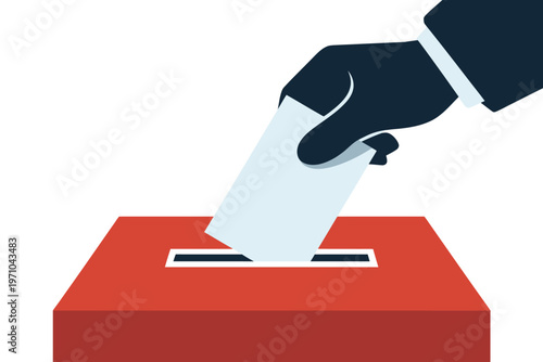 A hand casting a ballot into a red voting box