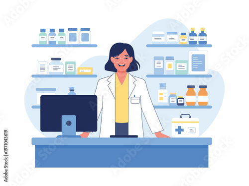 A smiling pharmacist standing behind a counter in a pharmacy