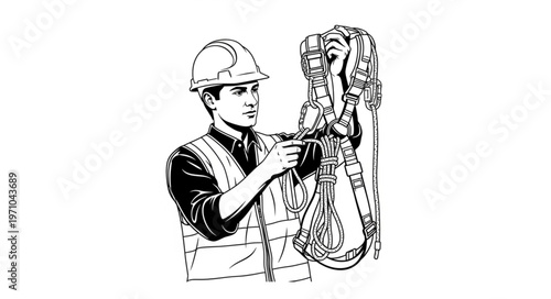 Construction worker inspecting heavy duty lifting slings.