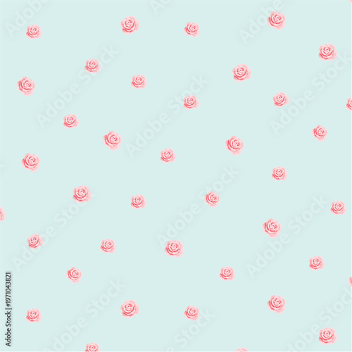 Foto Tiny Pink Rose Seamless Pattern on Soft Blue Background Delicate Shabby Chic Flo
