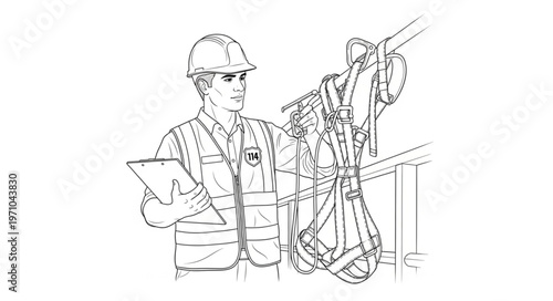 Construction worker inspecting safety harness before work.