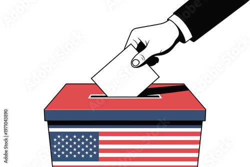 A hand wearing a suit sleeve is placing a ballot into a red, white, and blue ballot box decorated with the American flag, symbolizing the act of voting in a democratic election.