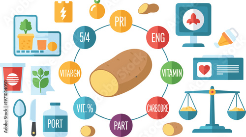 Potato Nutrition Infographic Showing Vitamins, Carbohydrates, Portion Size and Health Benefits with Food Icons and Balanced Diet Information Illustration