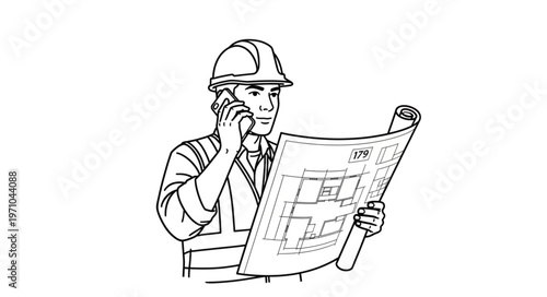 Construction worker on phone and reviewing blueprints for project.