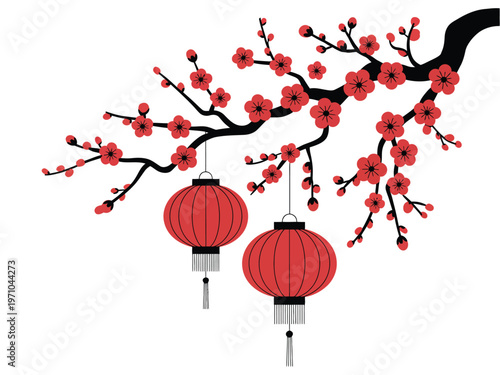 A beautiful illustration of red lanterns hanging from a cherry blossom tree branch