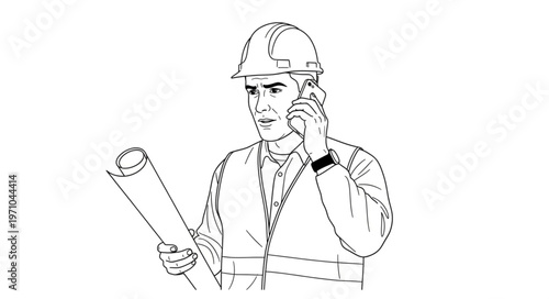 Construction worker on phone with blueprints.