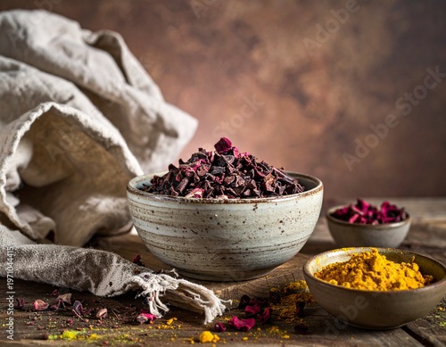 Cacao Beans and Nibs Flat Lay with Copy Space