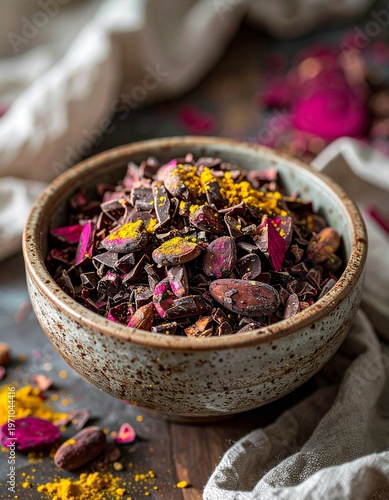 Cacao Beans and Nibs Flat Lay with Copy Space