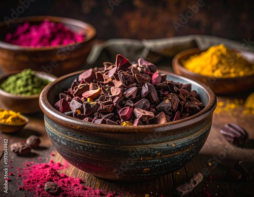 Cacao Beans and Nibs Flat Lay with Copy Space