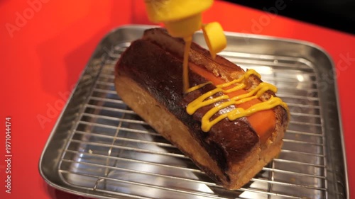 Chef’s hands preparing vegetarian hot dog