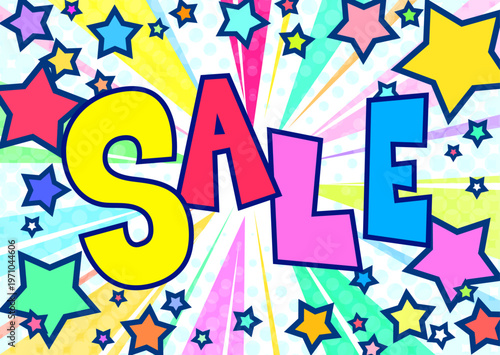 SALE文字入りの賑やかな集中線背景。カラフルな星が飛び出すポップなセールバナー。4:3素材