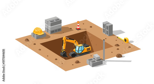 Isometric Construction Site Illustration with Excavator Digging Foundation Pit and Building Materials