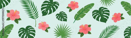 Tropical Floral Seamless Pattern with Palm Leaves Monstera and Hibiscus Flowers Summer Island Design for Textile Wallpaper and Wrapping Paper