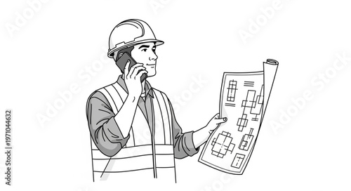 Construction worker on phone with blueprints.