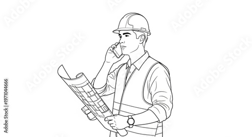 Construction worker on phone with blueprints.